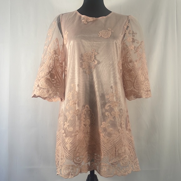 Simply Couture Pink Floral Layered sheer lace Baby doll, Tunic Dress,Size Small - Picture 11 of 11